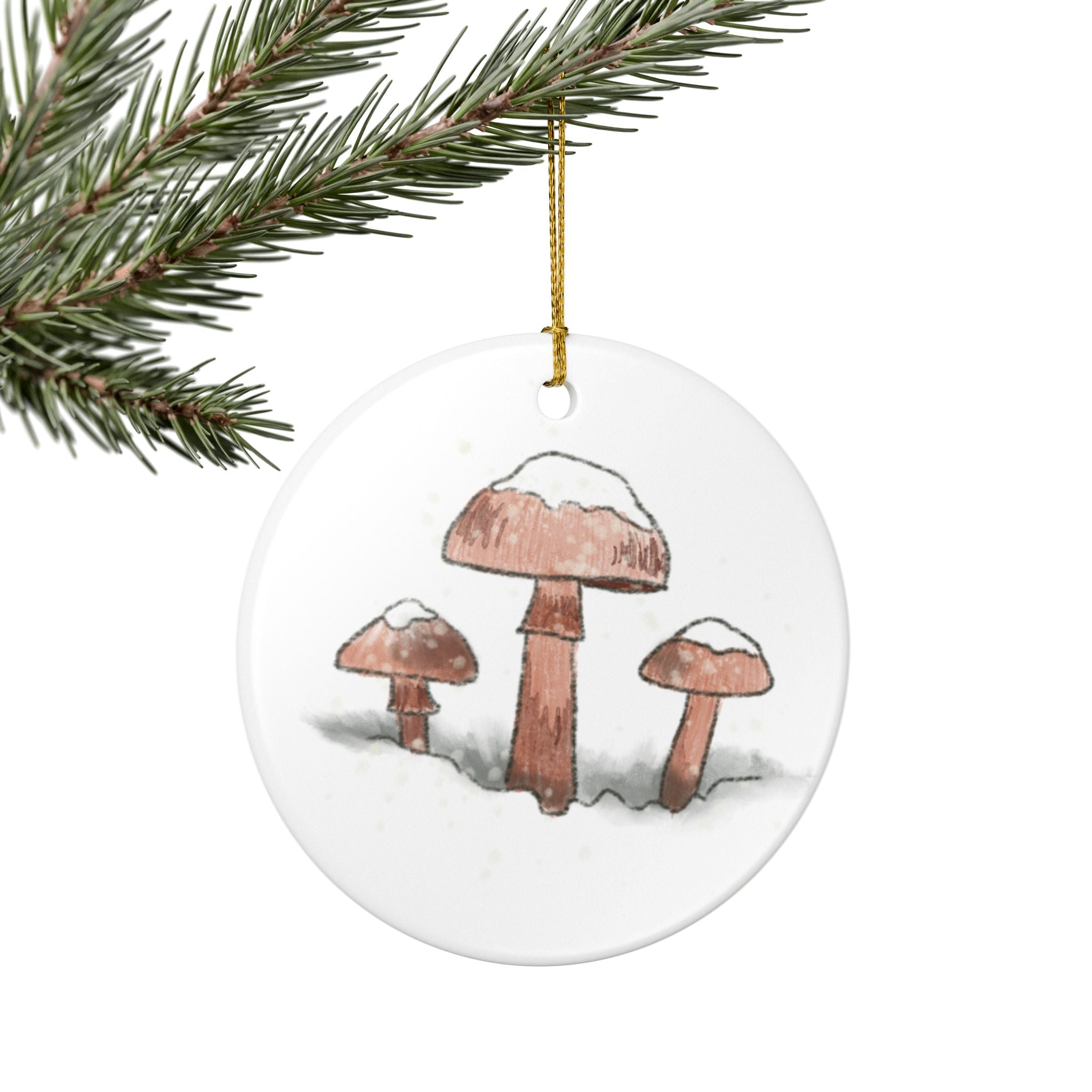 Snowy Mushrooms Ceramic Ornament