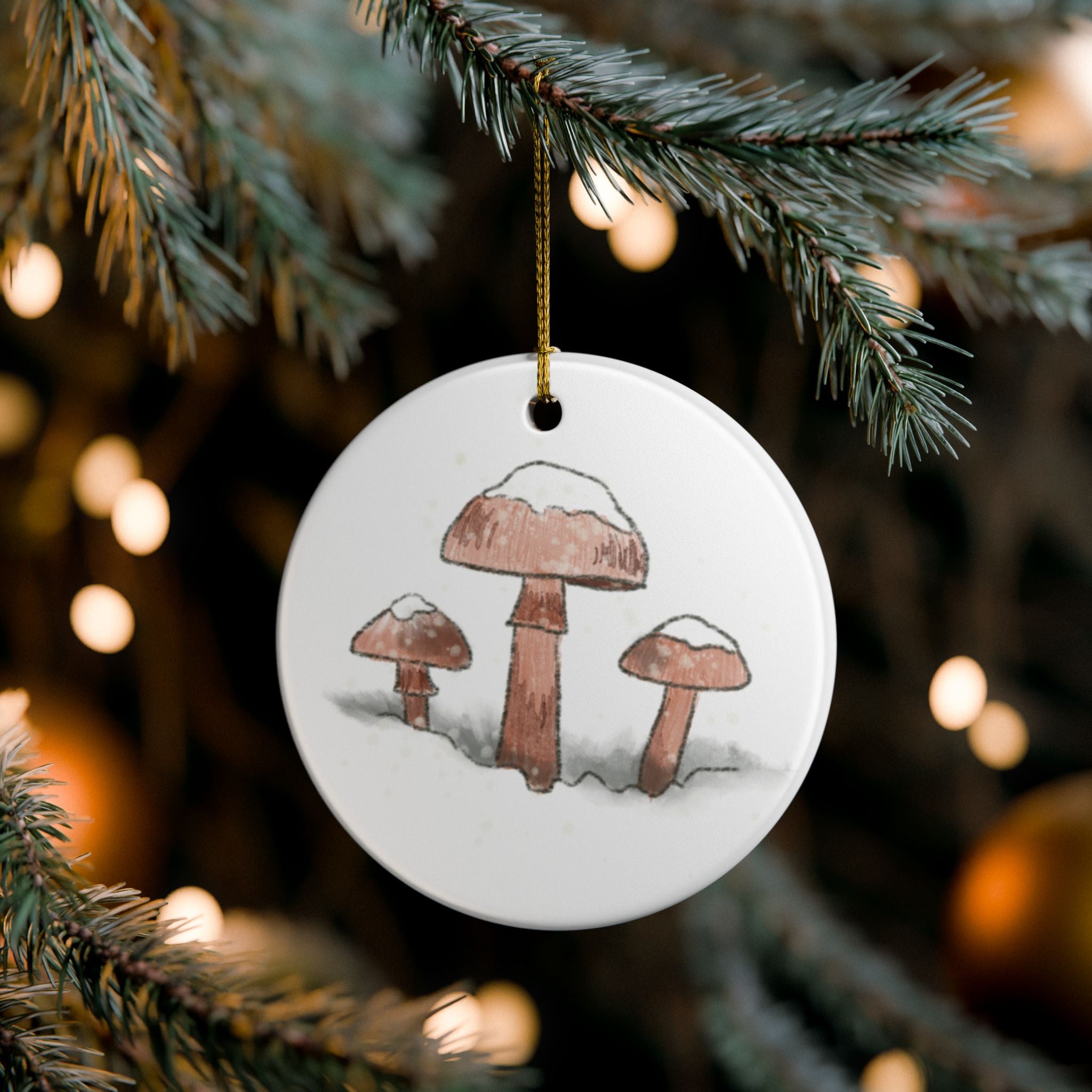 Snowy Mushrooms Ceramic Ornament