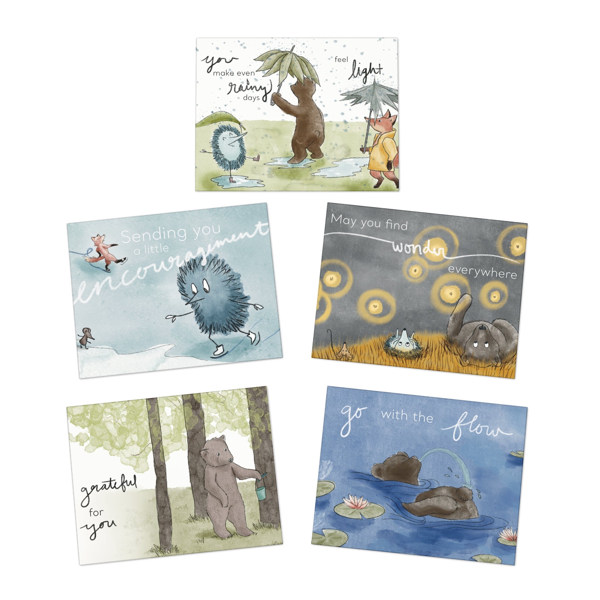 Set of five illustrated greeting cards with animal characters on a white background