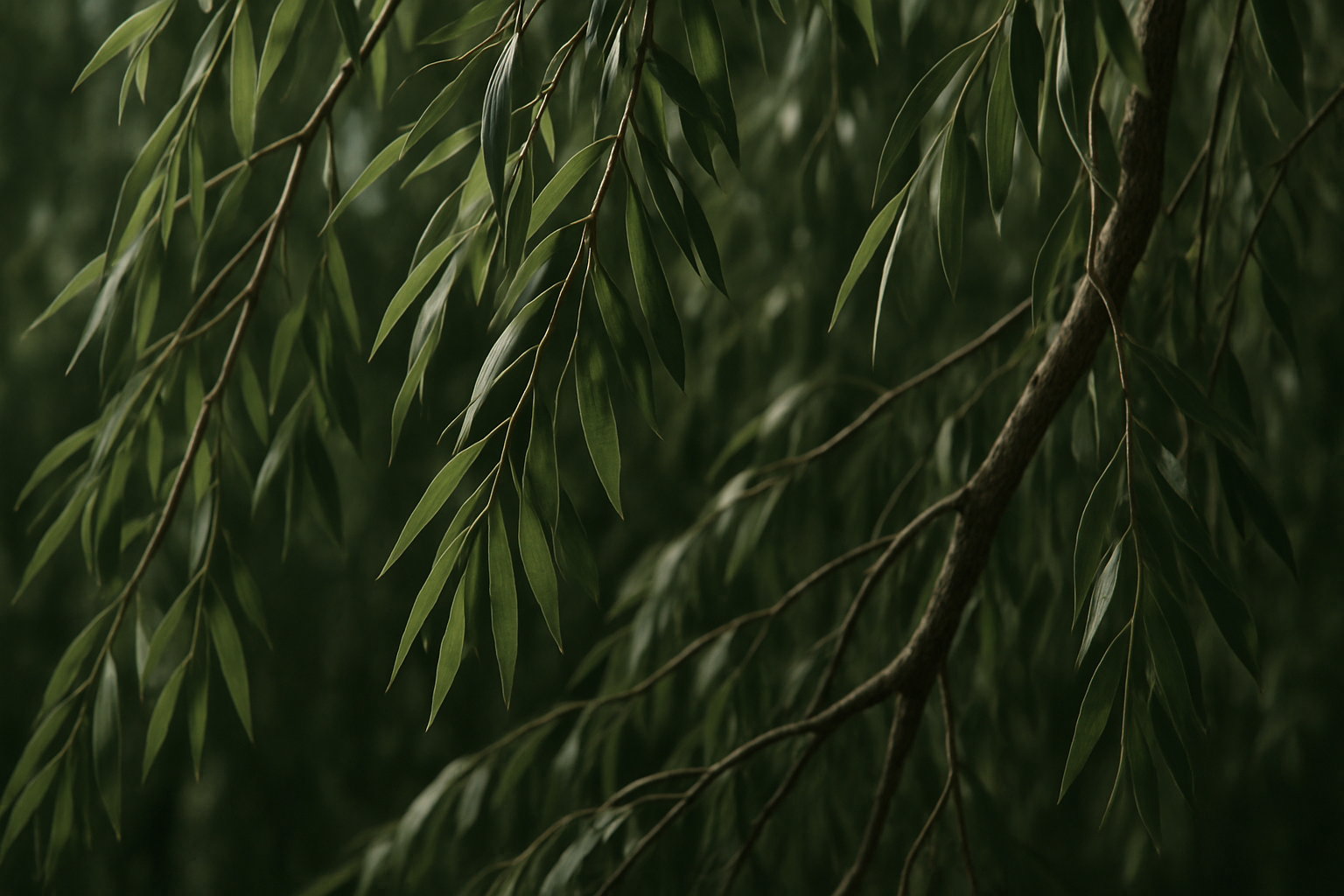 willow branches with sunlight, swaying in the breeze